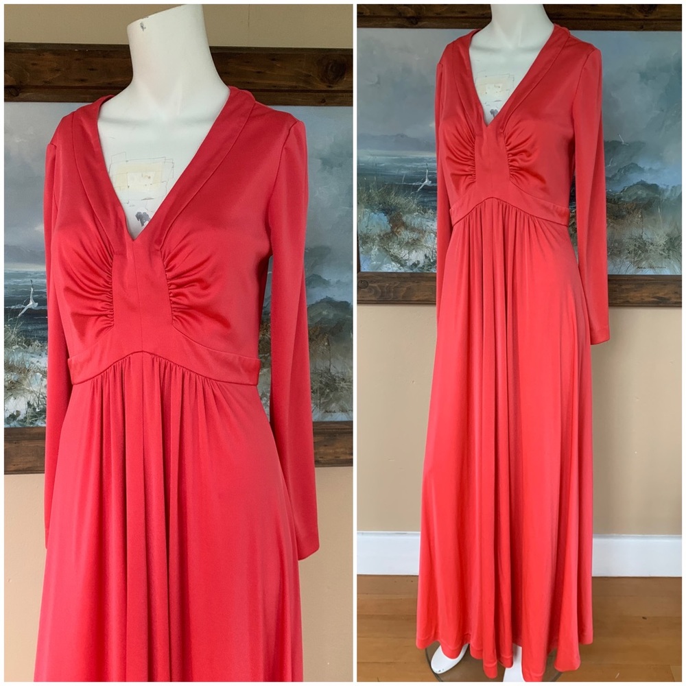 Vintage 70’s Long Sleeve Empire Waist Maxi | Pink V-Neck Silky Babydoll Dress